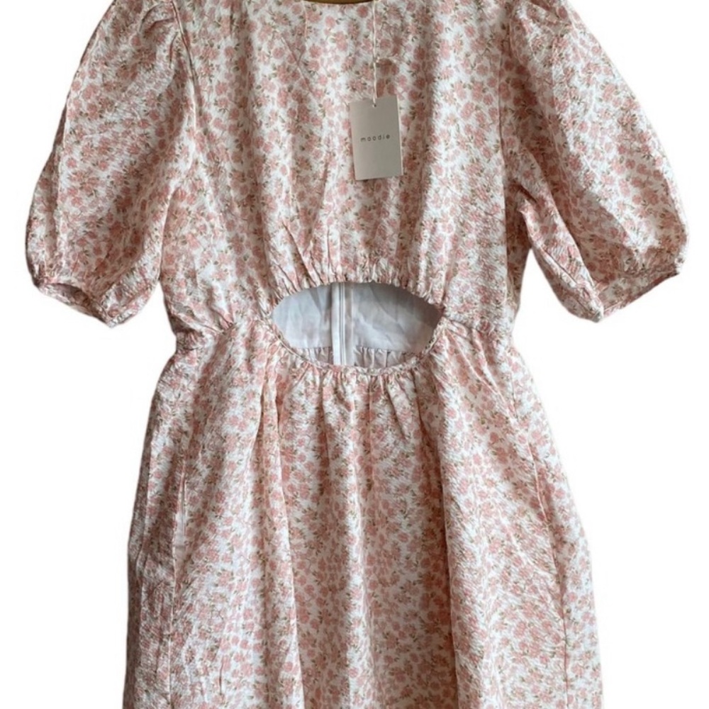 pink floral mini dress with cutout in front